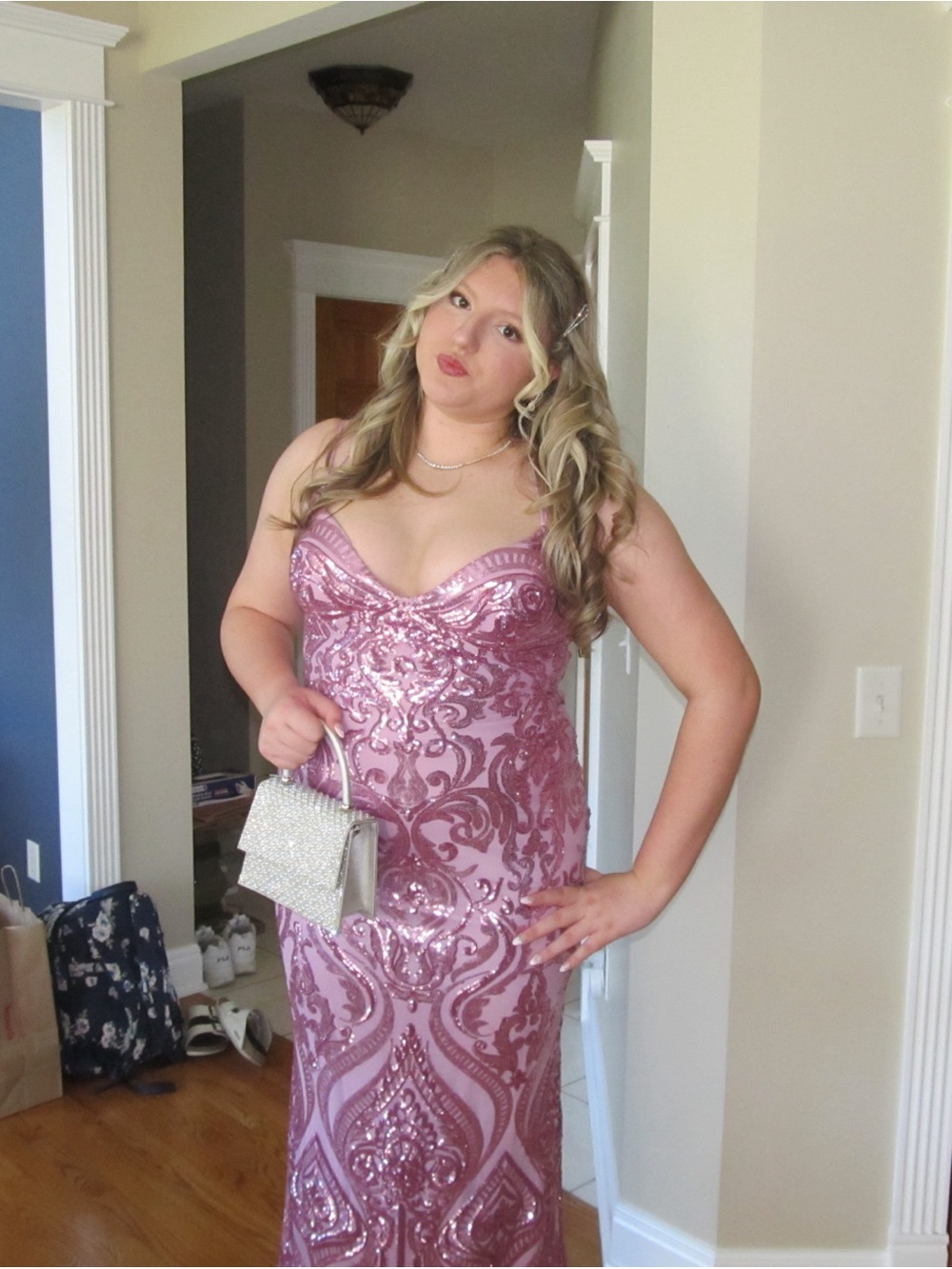 Sequined Pink Prom Dress with Sweetheart Neckline